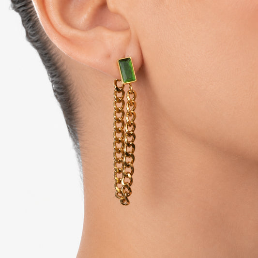 Green Stone Chain Drop Earrings
