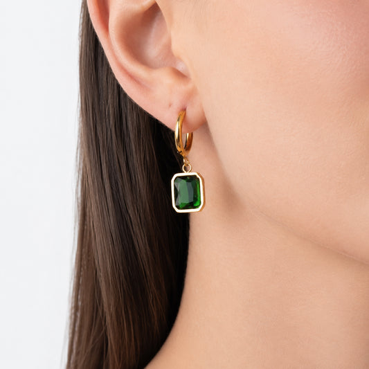 Green Stone Drop Huggie Earrings